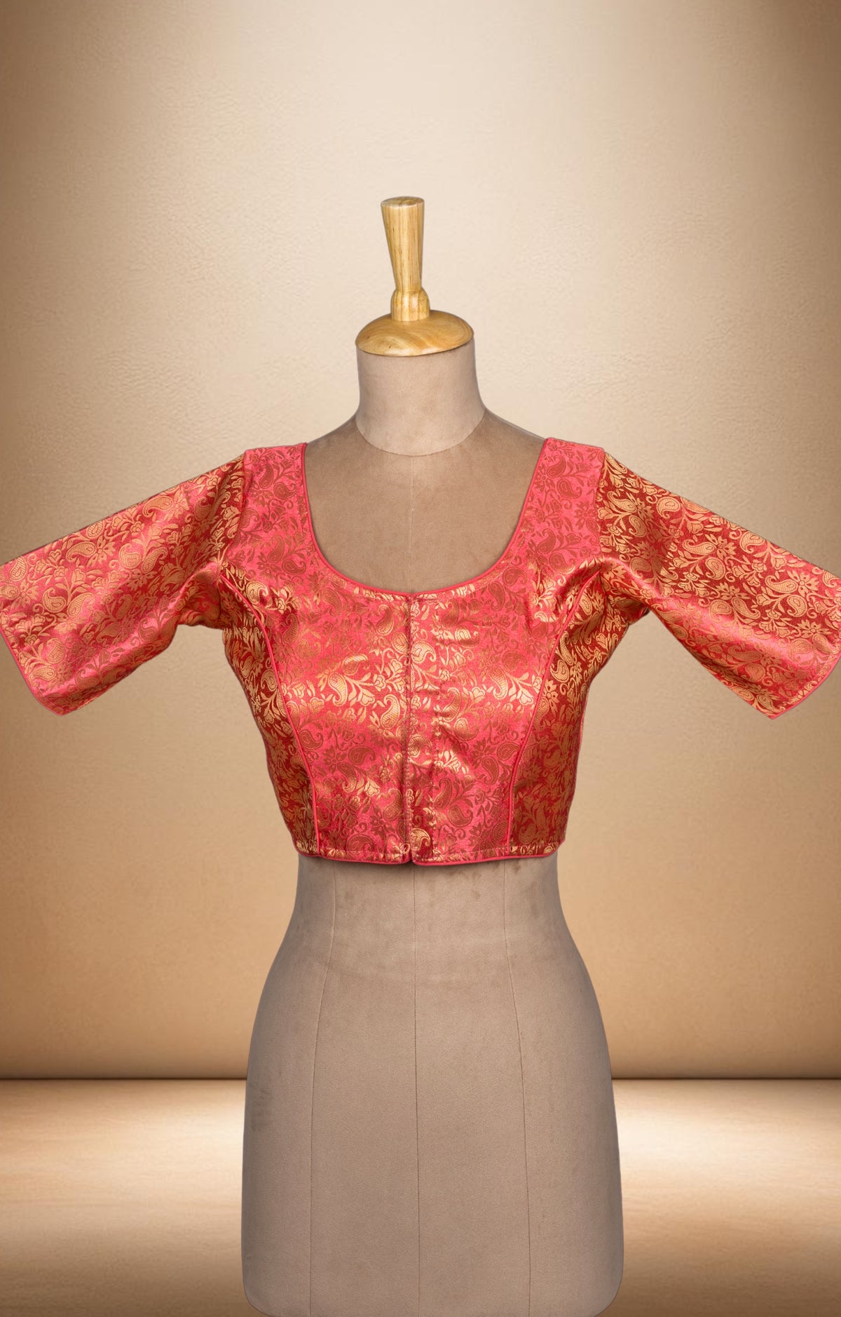 Imperial Pink Brocade Blouse with Elbow Sleeves