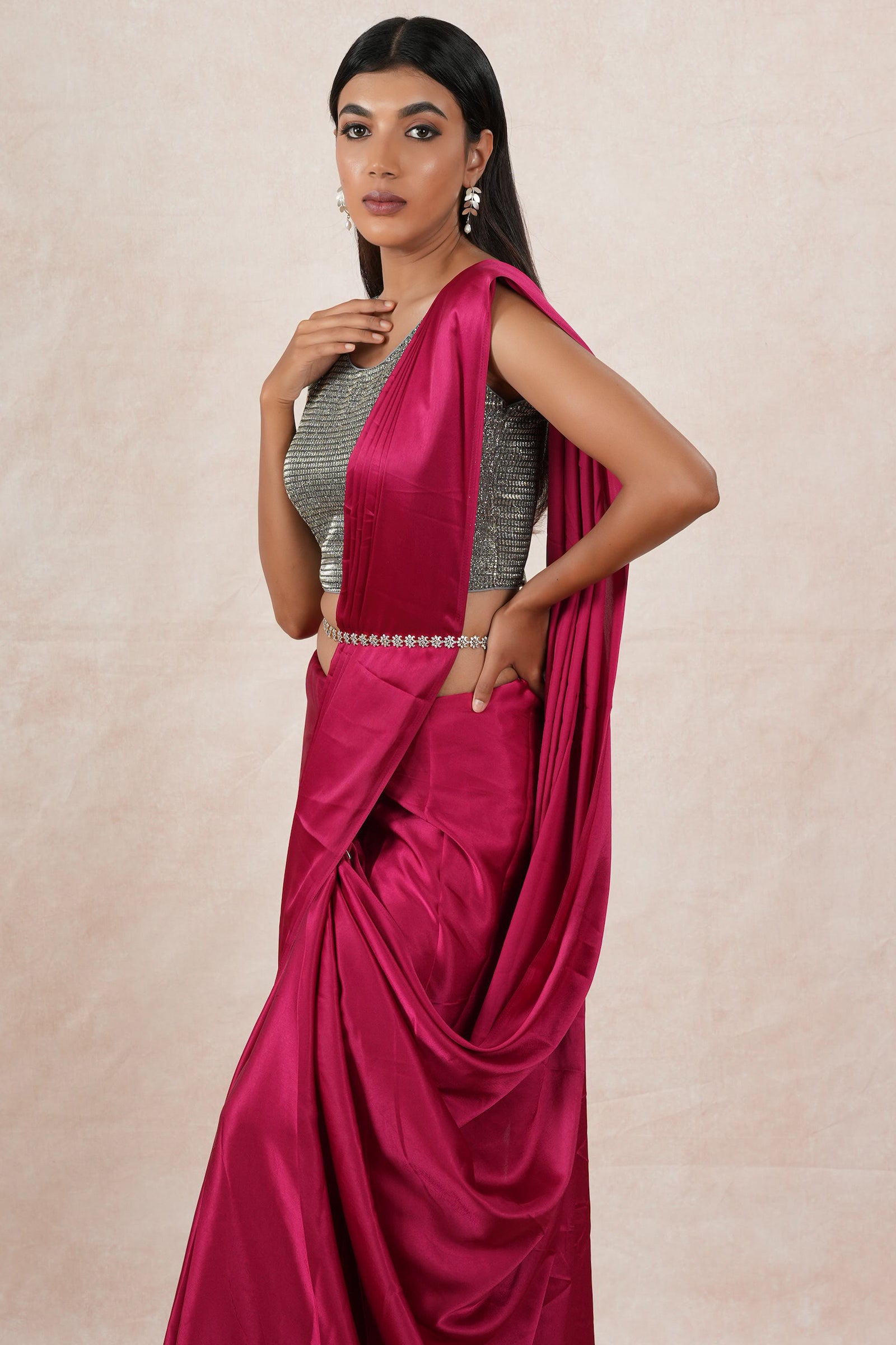 Buy Dark Pink Saree with Hand Embroidery- half silk hald organza by  Designer LAJJOO Online at Ogaan.com