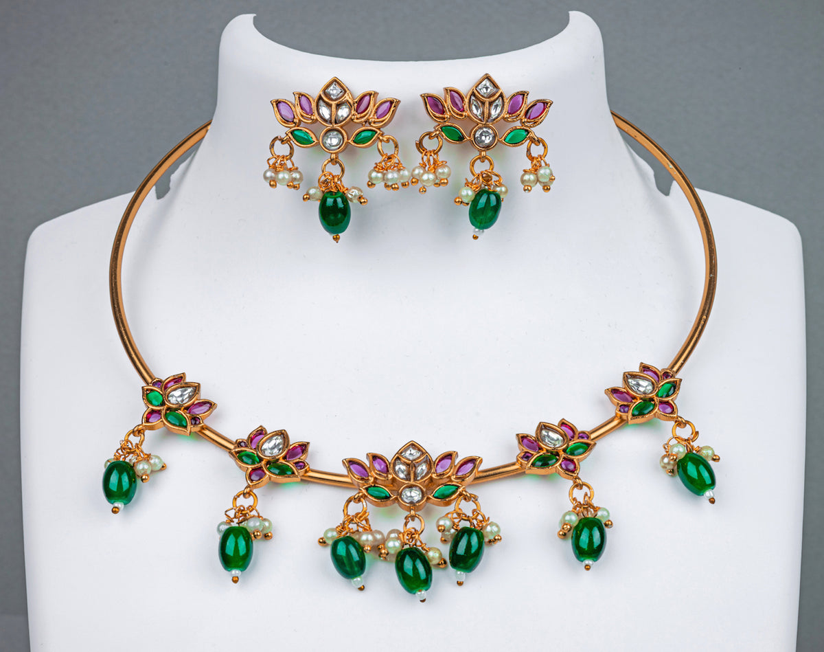 Kivaa | Lotus Designed Choker set with Green Beads