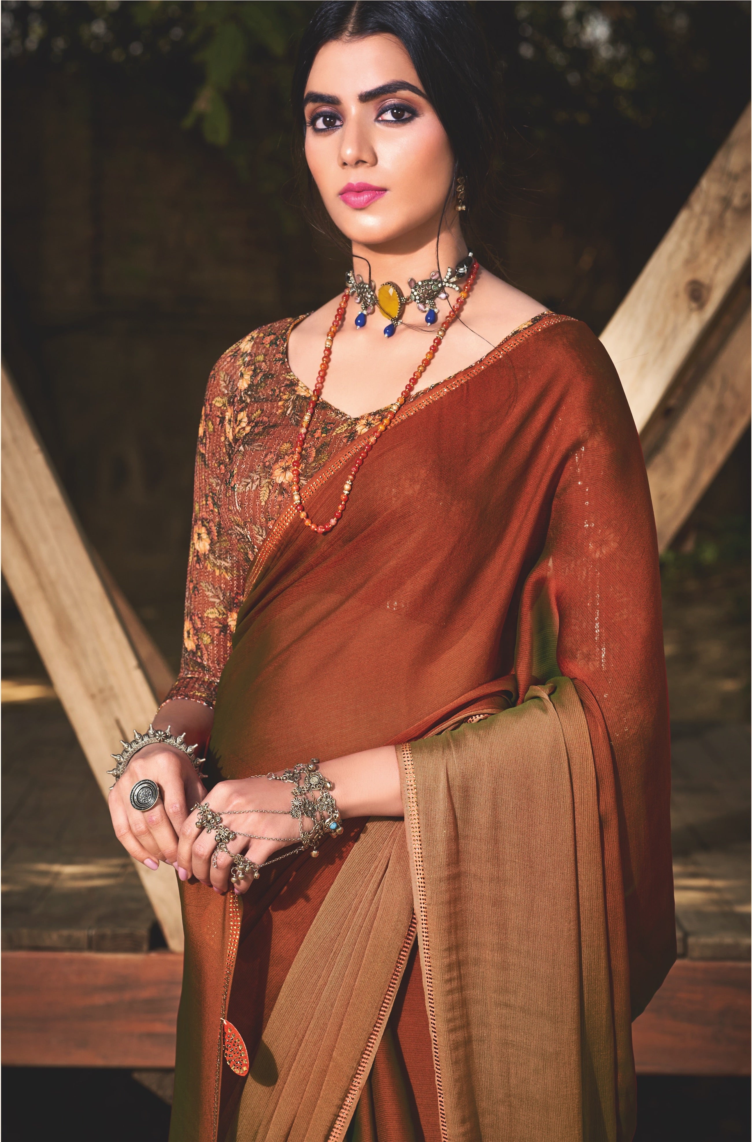 Party Wear Sarees With Designer Contrast Blouses- Ready Plated- brown  colour – Vpnam