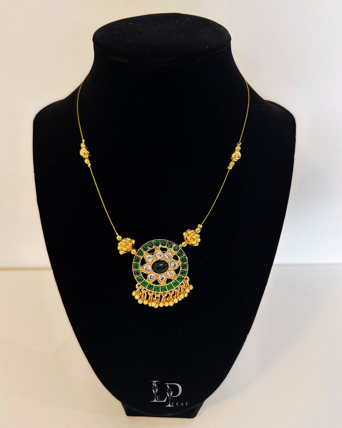 Nitara | Traditional Floral Design Necklace Set with Green Kemp Stones