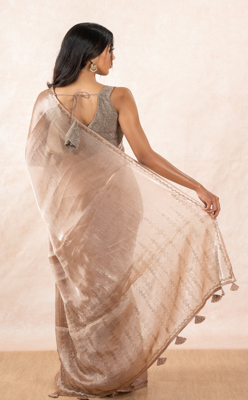 A model of Le Pleat drapede in a sheer rosegold chiffon designer saree with rosegold sleeveless glitter blouse and gold buff saree shaper