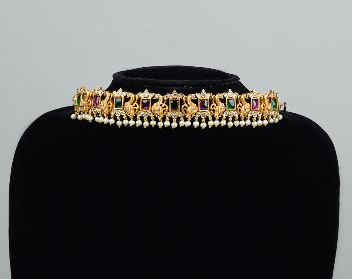 Hridya | Royal Choker Set in Peacock Design with Kundan Stone and Earrings