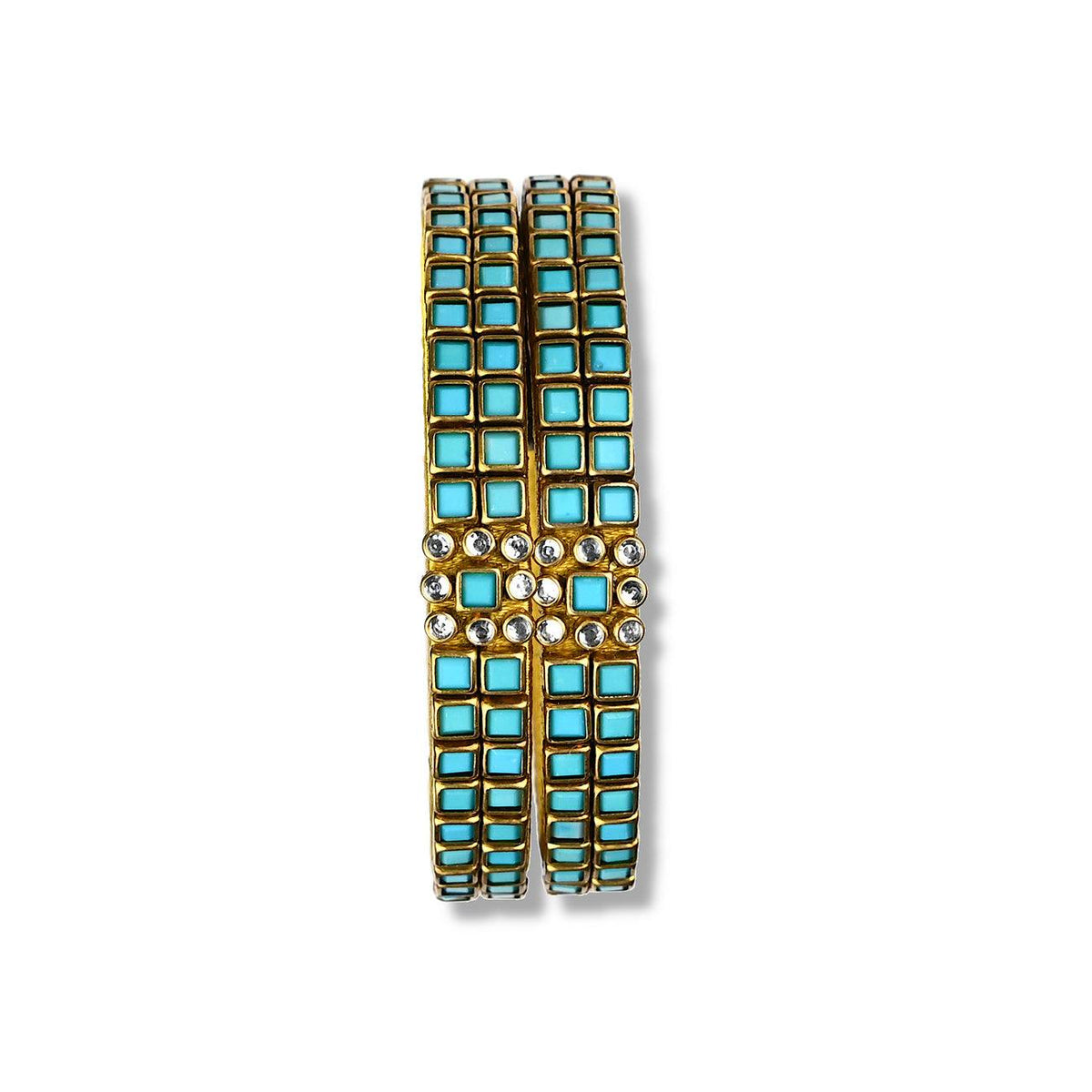 Sky blue Kundan stone bangle decorated with blue and glass colored Kundan stone bezels in square & circle shape over gold silk threads.