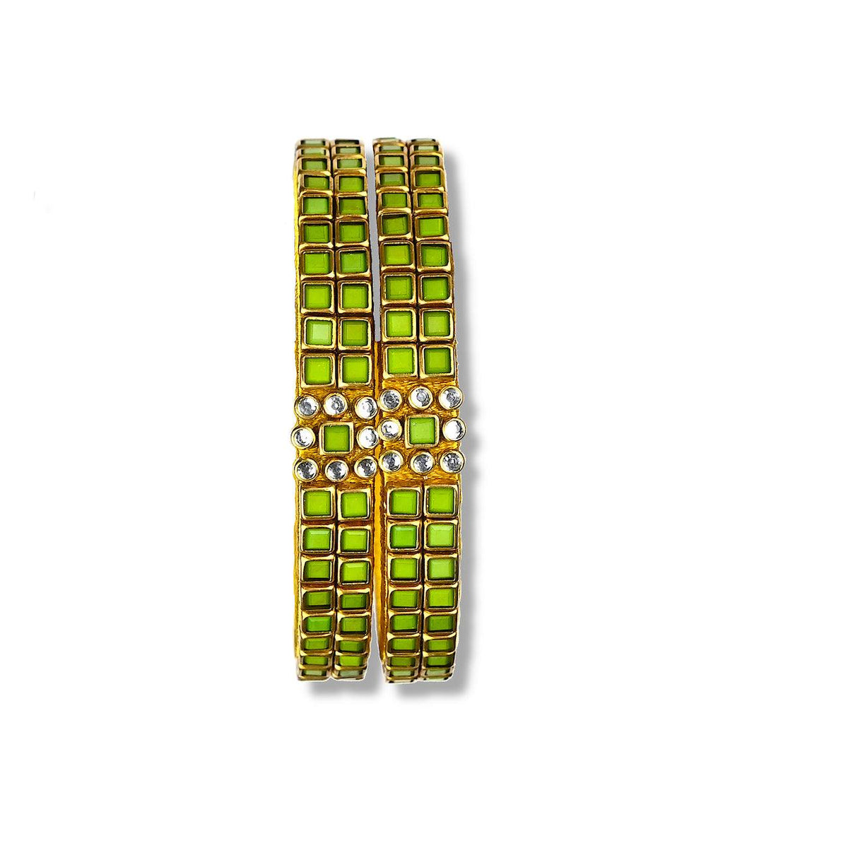 Green Kundan stone bangle decorated with lime green and glass colored Kundan stone bezels in square & circle shape over gold silk threads.