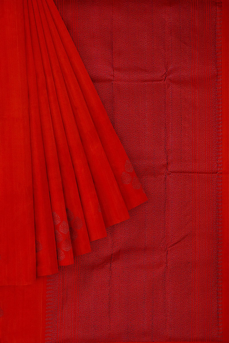 Kanchivaram handloom saree with the body & pallu in red color with floral motifs in a purple neem zari.