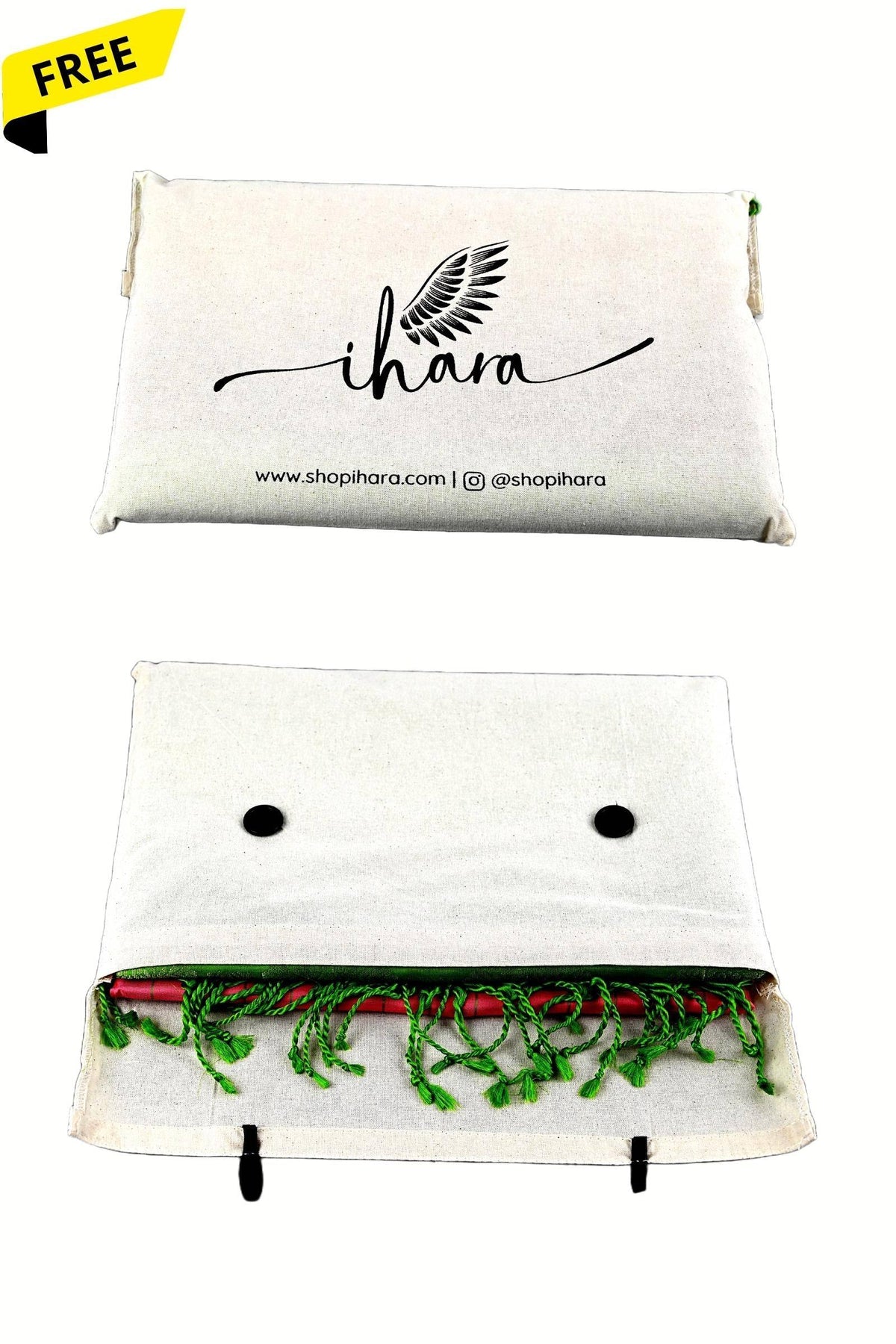 A white cotton cloth bag with buttons to store your sarees, a free add-on with every purchase of a saree.