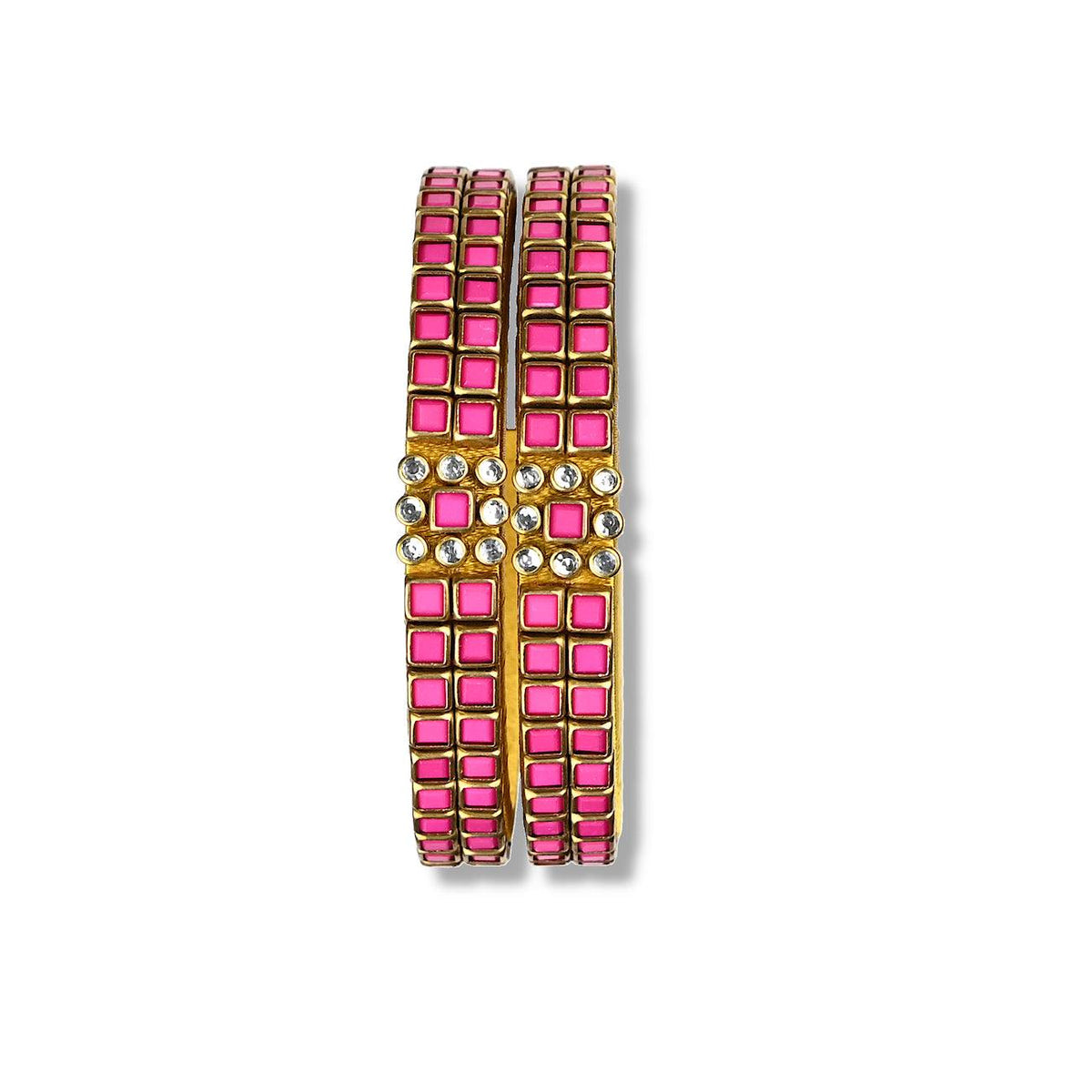 Pink Kundan stone bangle decorated with dark pink and glass colored Kundan stone bezels in square & circle shape over gold silk threads.