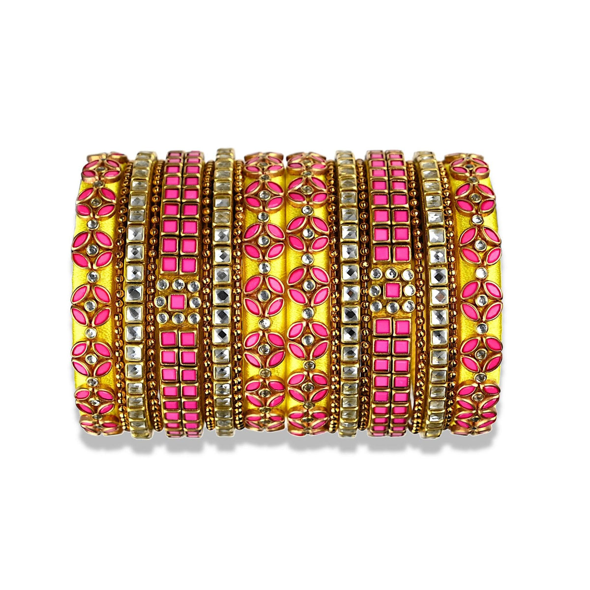 A divine set of silk thread bangles beautifully ornamented with yellow silk thread and pink kundan stone bezels. The bangles comes in a set of 18 with 9 for each hand.
