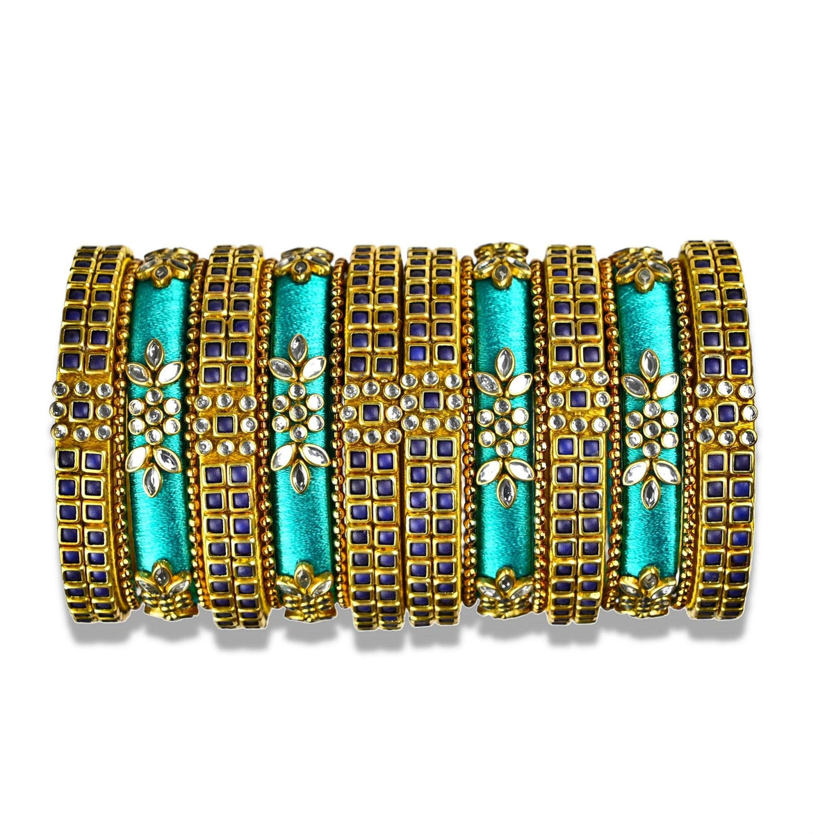 A divine set of silk thread bangles beautifully ornamented with teal blue silk thread and navy blue kundan stone bezels. The bangles comes in a set of 18 with 9 for each hand.
