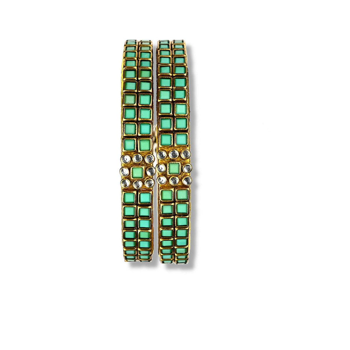Turquoise blue Kundan stone bangle decorated with aqua blue and glass colored Kundan stone bezels in square & circle shape over gold silk threads.