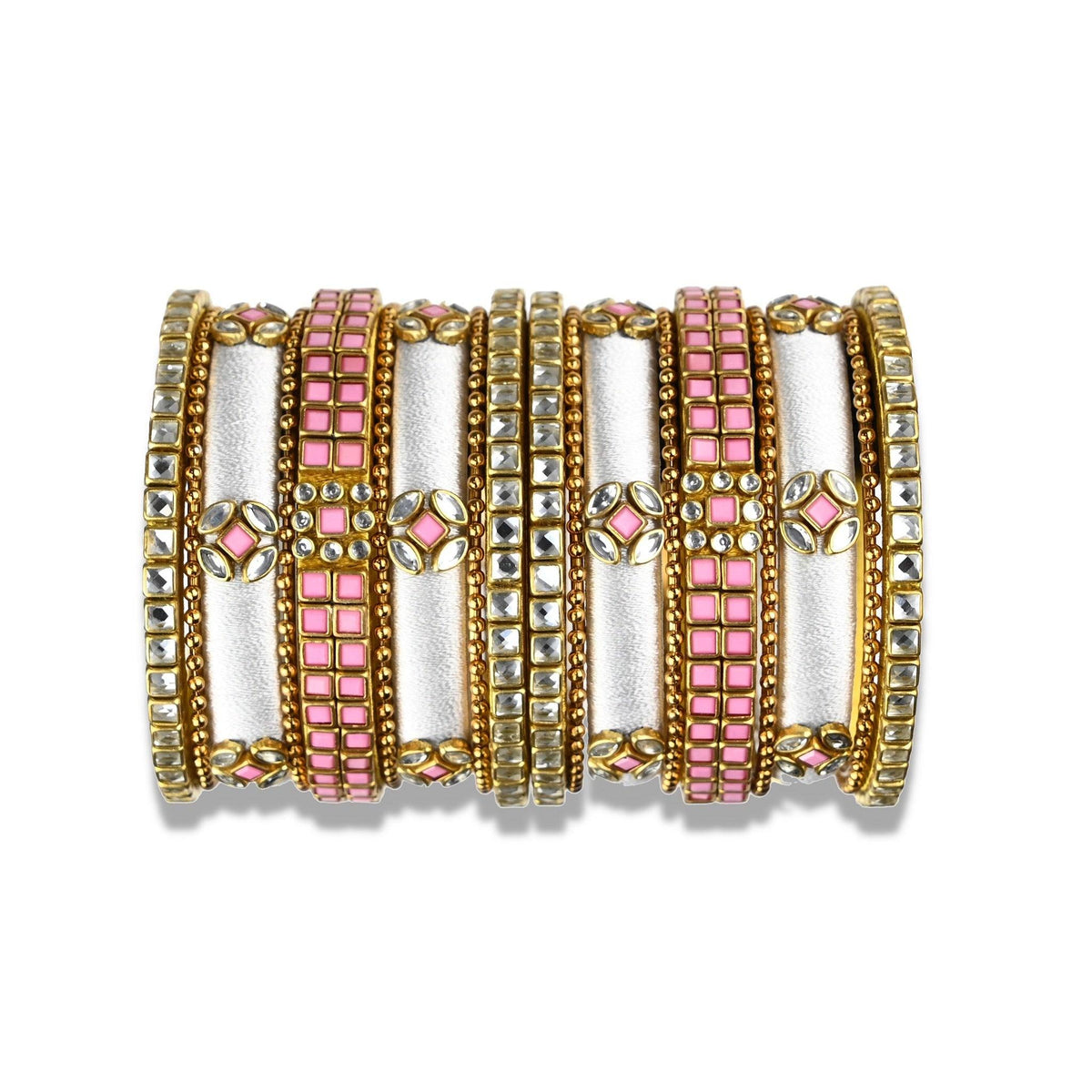 A divine set of silk thread bangles beautifully ornamented with white silk thread with pink & glass colored  kundan stone bezels. The bangles comes in a set of 18 with 9 for each hand.