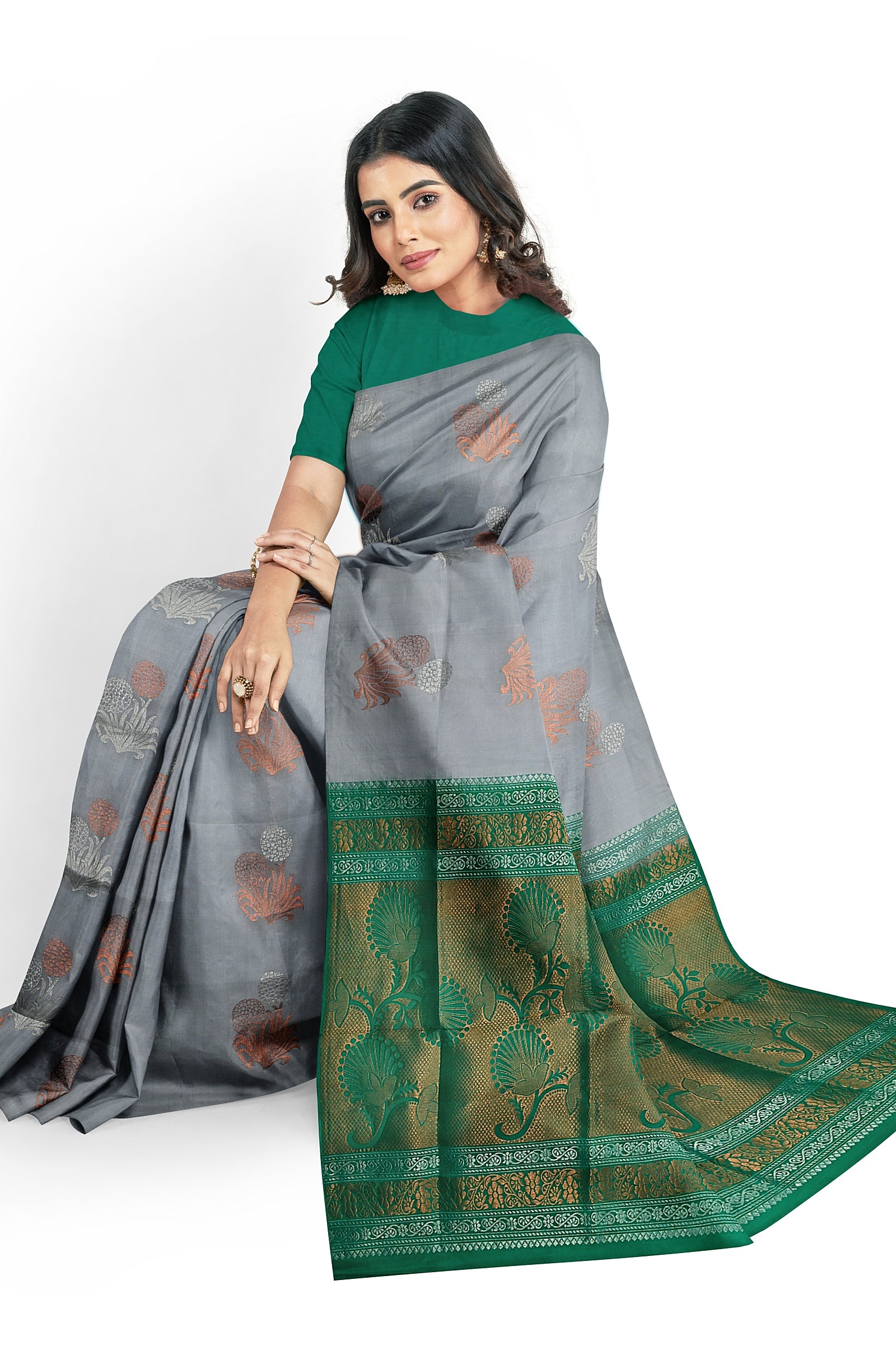 Cream and Fern Green color silk sarees with silver zari with contrast  weaving border design -SILK0003037