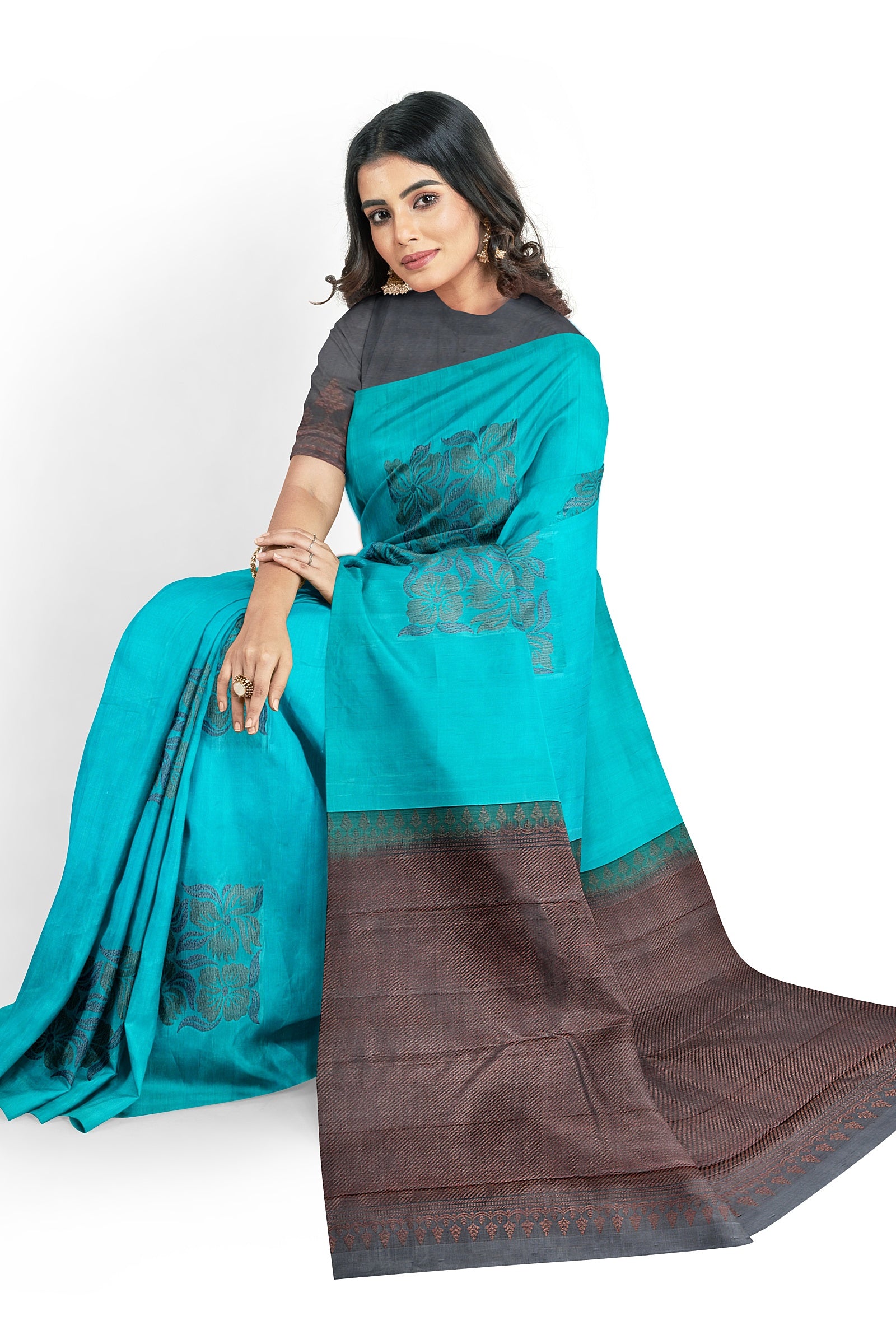 Mercerized Handloom Sea Green Khadi Cotton Saree with Pompom and Blouse  Piece - Sarees Women Apparel | World Art Community